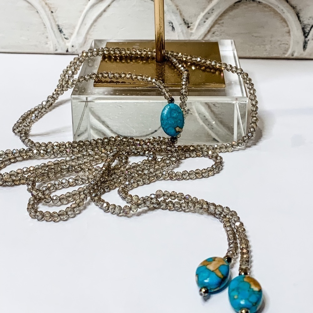 Turquoise Stone Accents On Labradorite Faceted Beaded Lariat - 60 Inch Rodeo